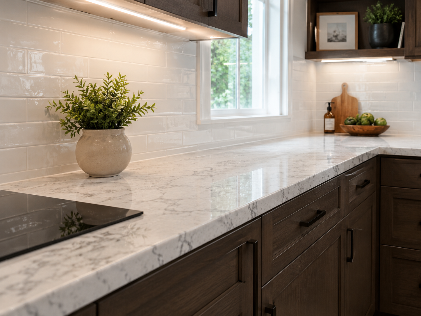 Powell Ohio countertop replacement with polished white stone perimeter surface